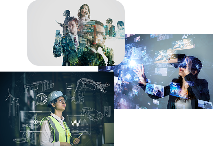 A series of three images with different people and various types of technology.